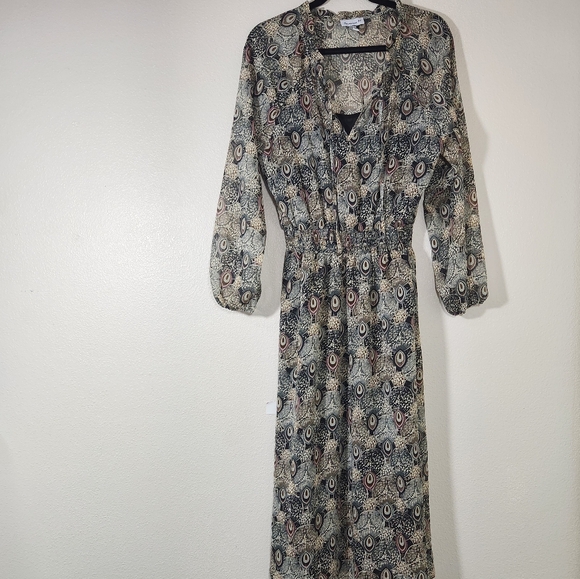 Veronica M Catia Peacock Feather Print Chiffon Smocked Dress L - Picture 3 of 17